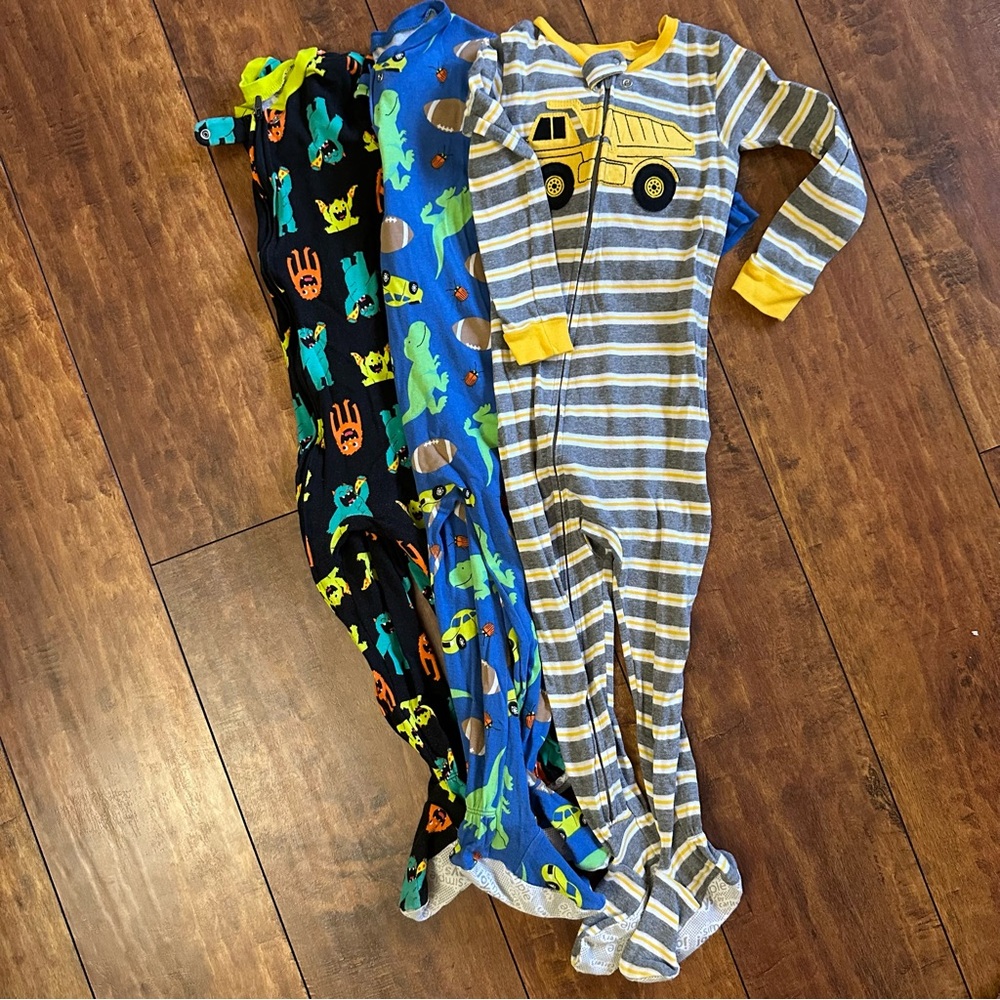 Kids' Dinosaur, monster and dump Truck footie Pajama Set bundle - 3T